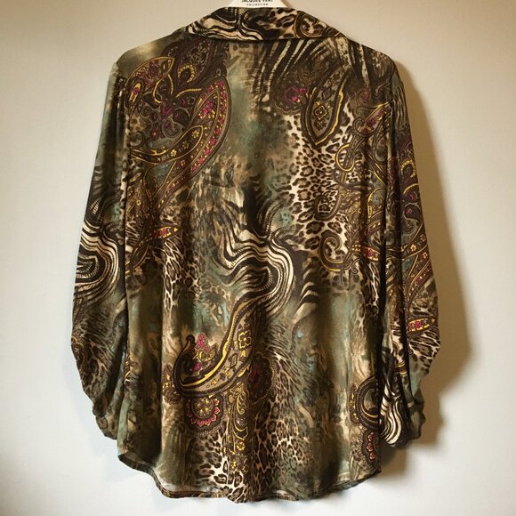 Vintage Y2K Animal Paisley Print Ruched Sleeve Button Up Top - Picture 2 of 16